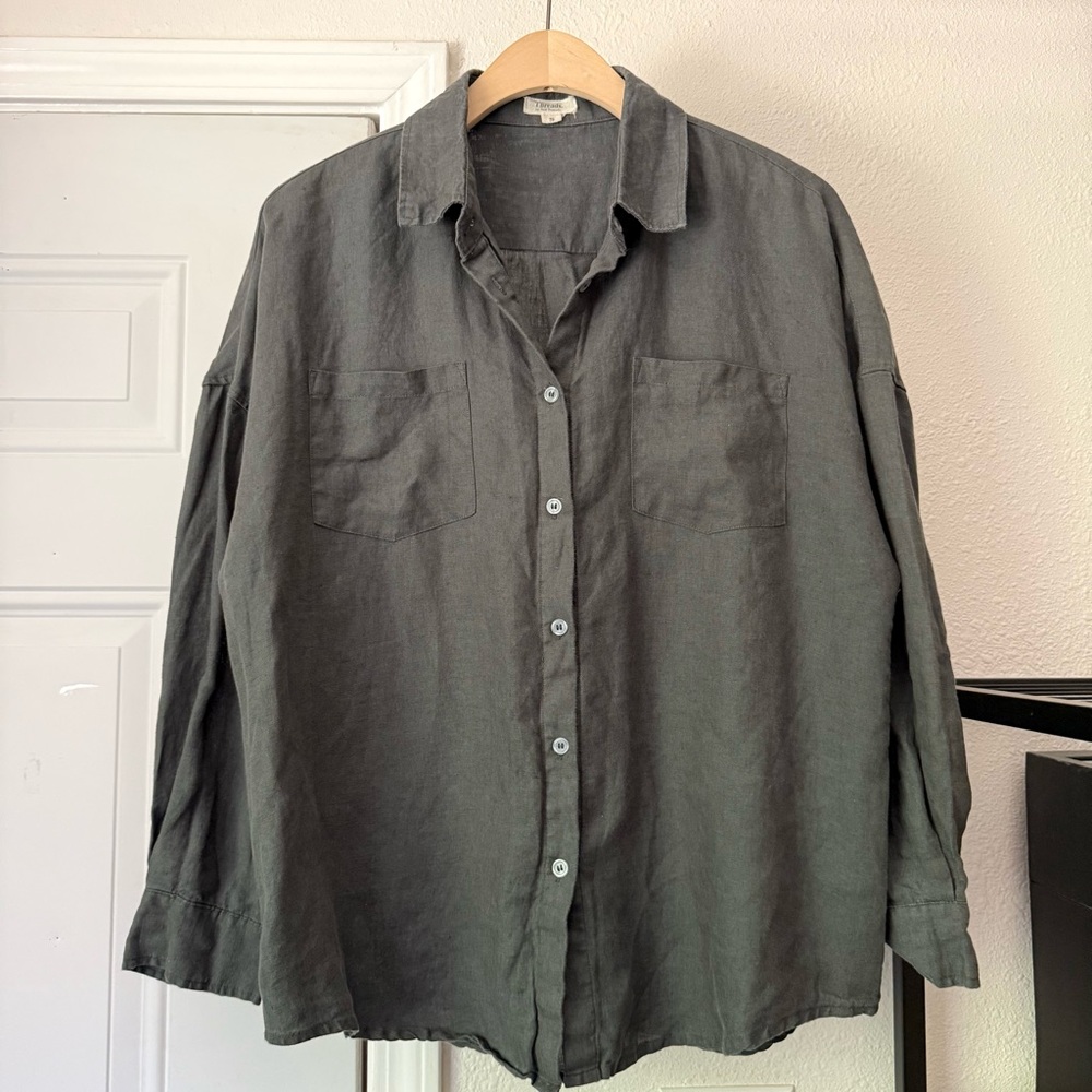 BED THREADS charcoal grey linen long puff sleeve button up boxy cropped shirt